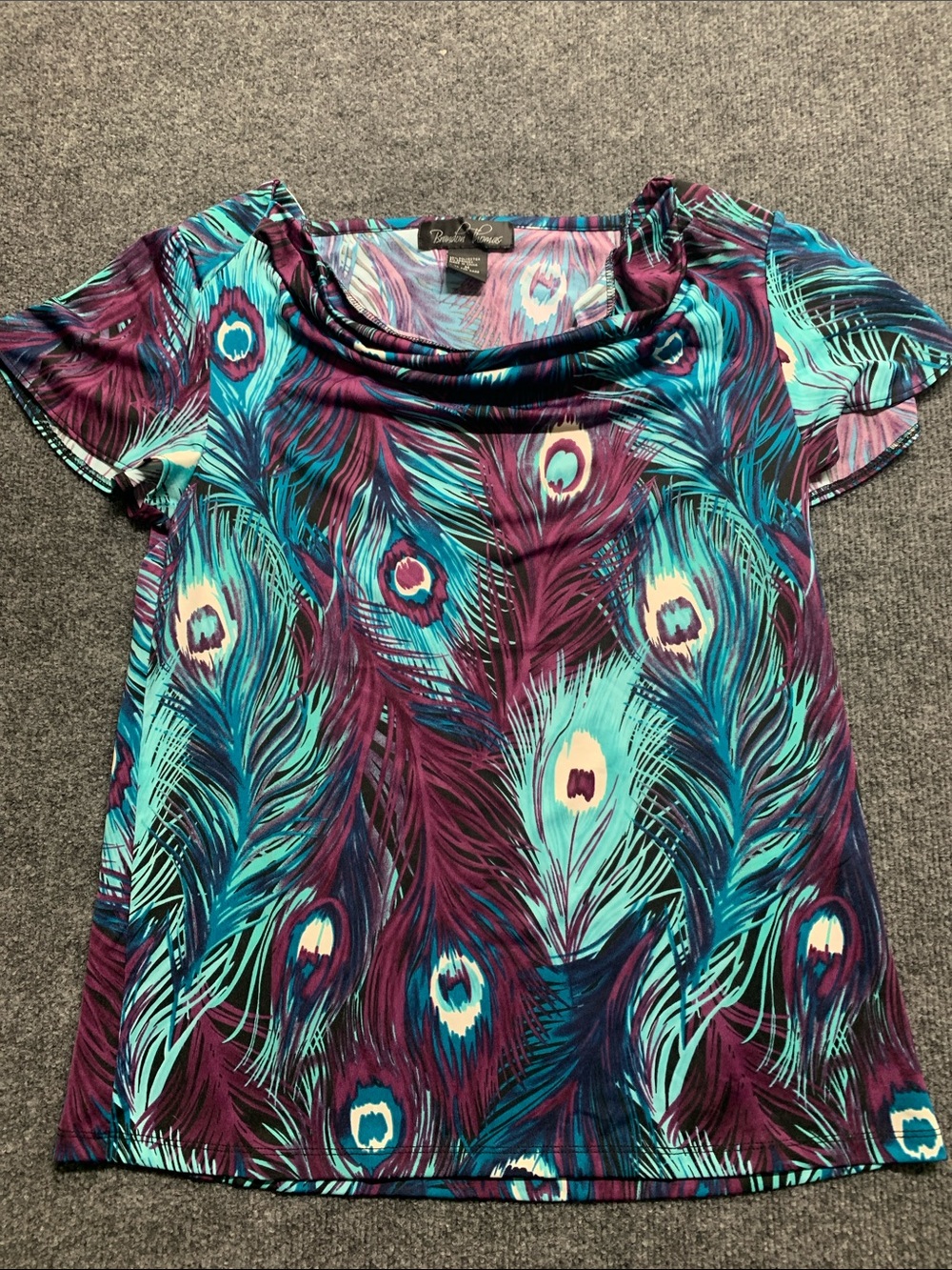 Brandon Thomas Peacock Feather Print Short Sleeve Top - Teal & Purple